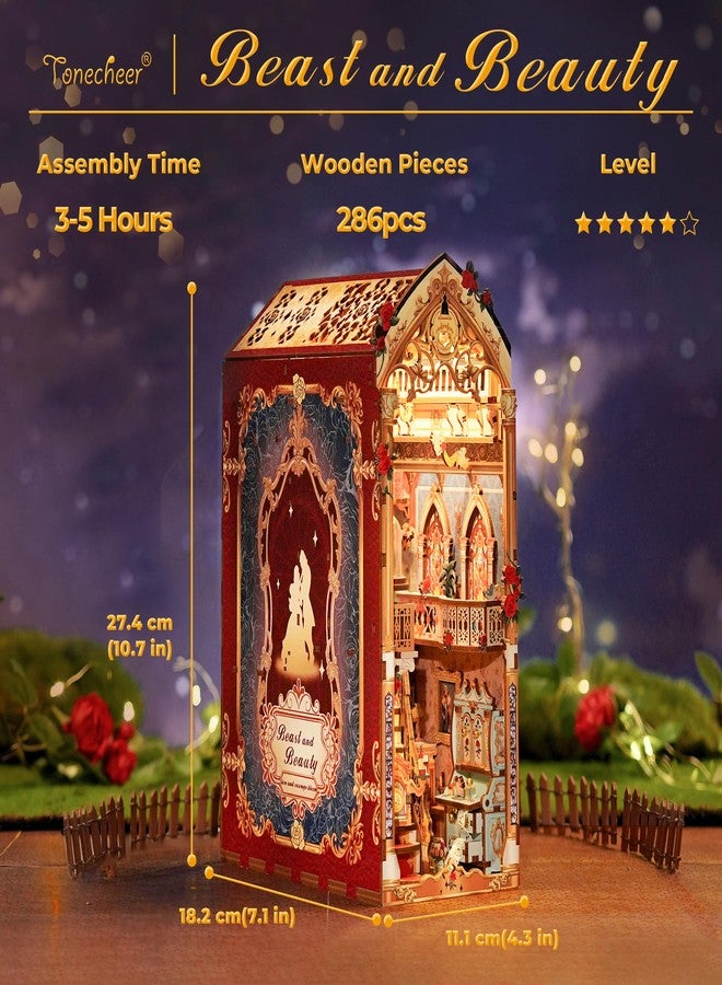 Tonecheer DIY Book Nook Kit for Adults, 3D Wooden Puzzle Music Booknook Miniature Dollhouse, Fairy Tale Bookend Bookshelf Decor with Dust Cover and LED Lights Gifts (Beast and Beauty) - Image 4